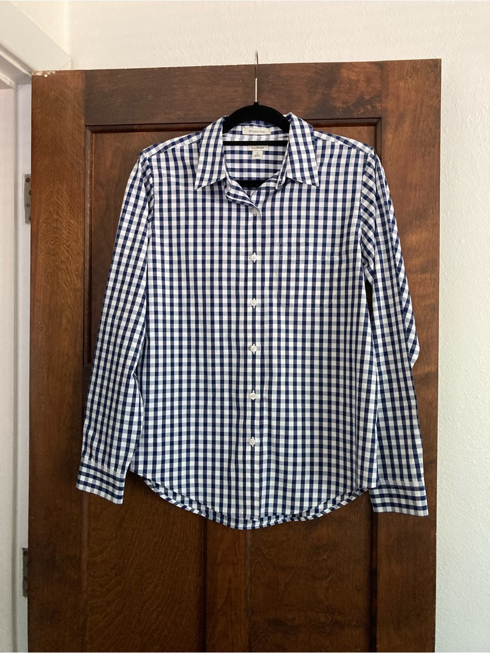 L.L. Bean Navy and White Gingham Button-Front Blouse